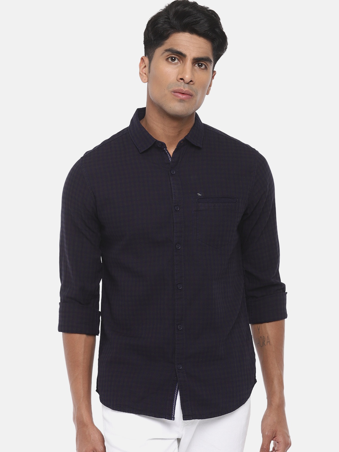 

SPYKAR Men Navy Blue & Olive Green Slim Fit Checked Casual Shirt