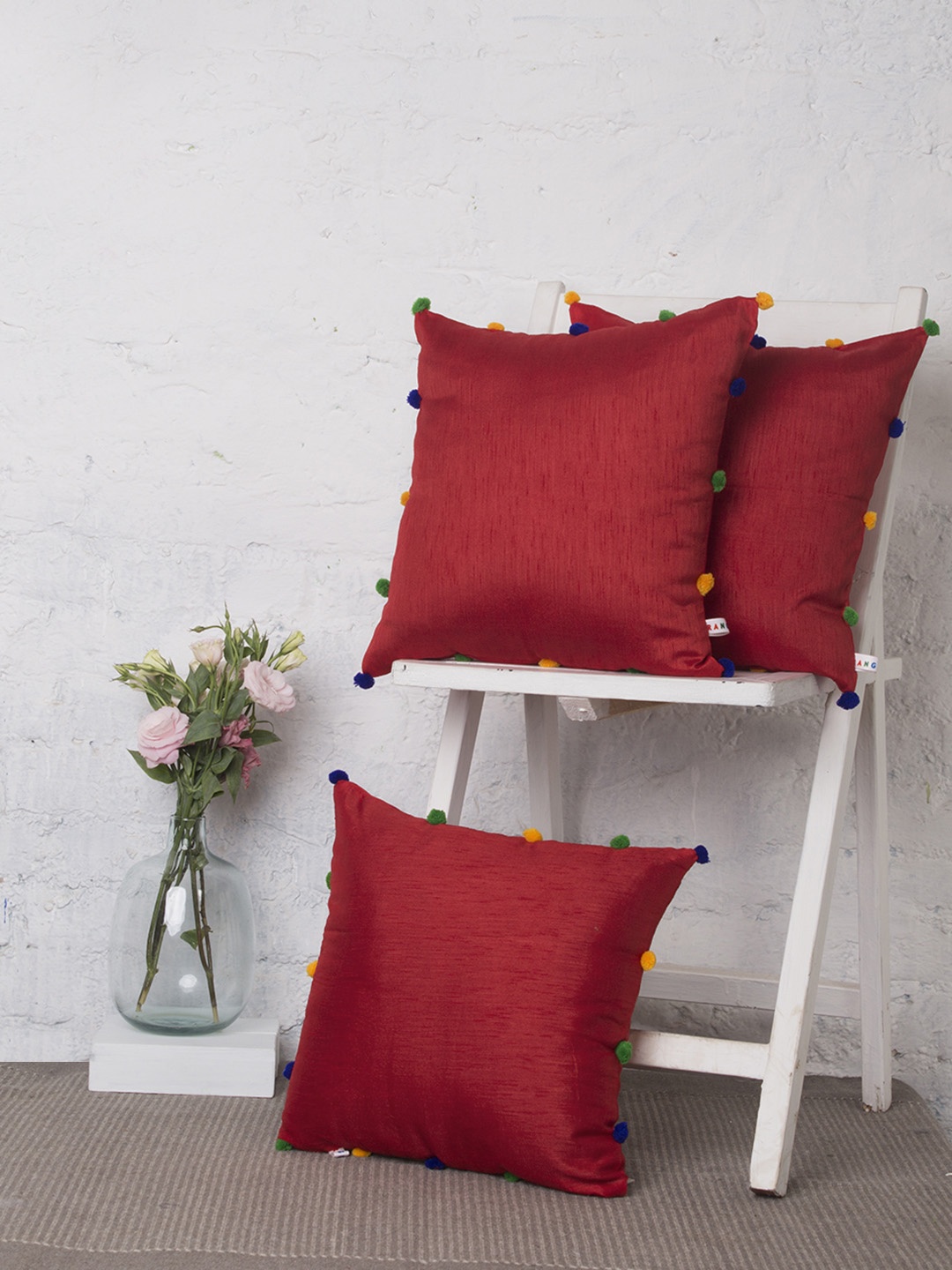 

RANGDESI Red Set of 3 Solid Square Cushion Covers