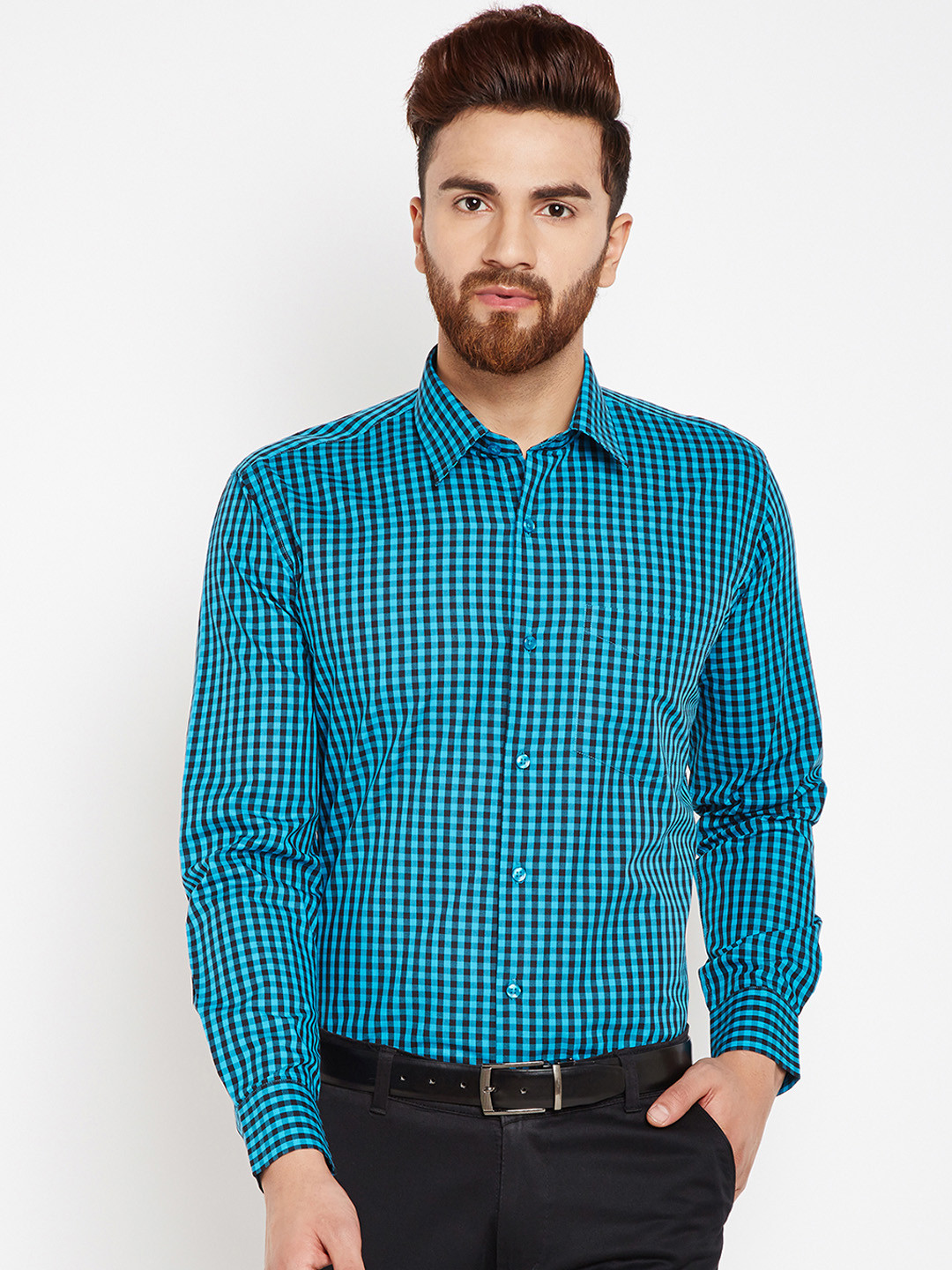 

Hancock Men Turquoise Blue & Black Slim Fit Checked Formal Shirt