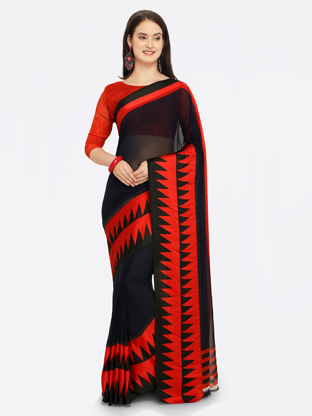 

Shaily Black & Red Satin Printed Saree