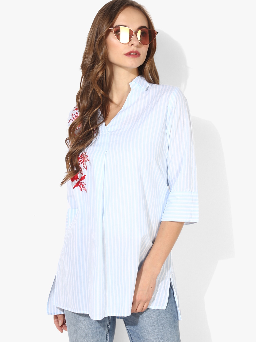 

Antheaa Women Blue & White Striped Shirt Style Pure Cotton Top