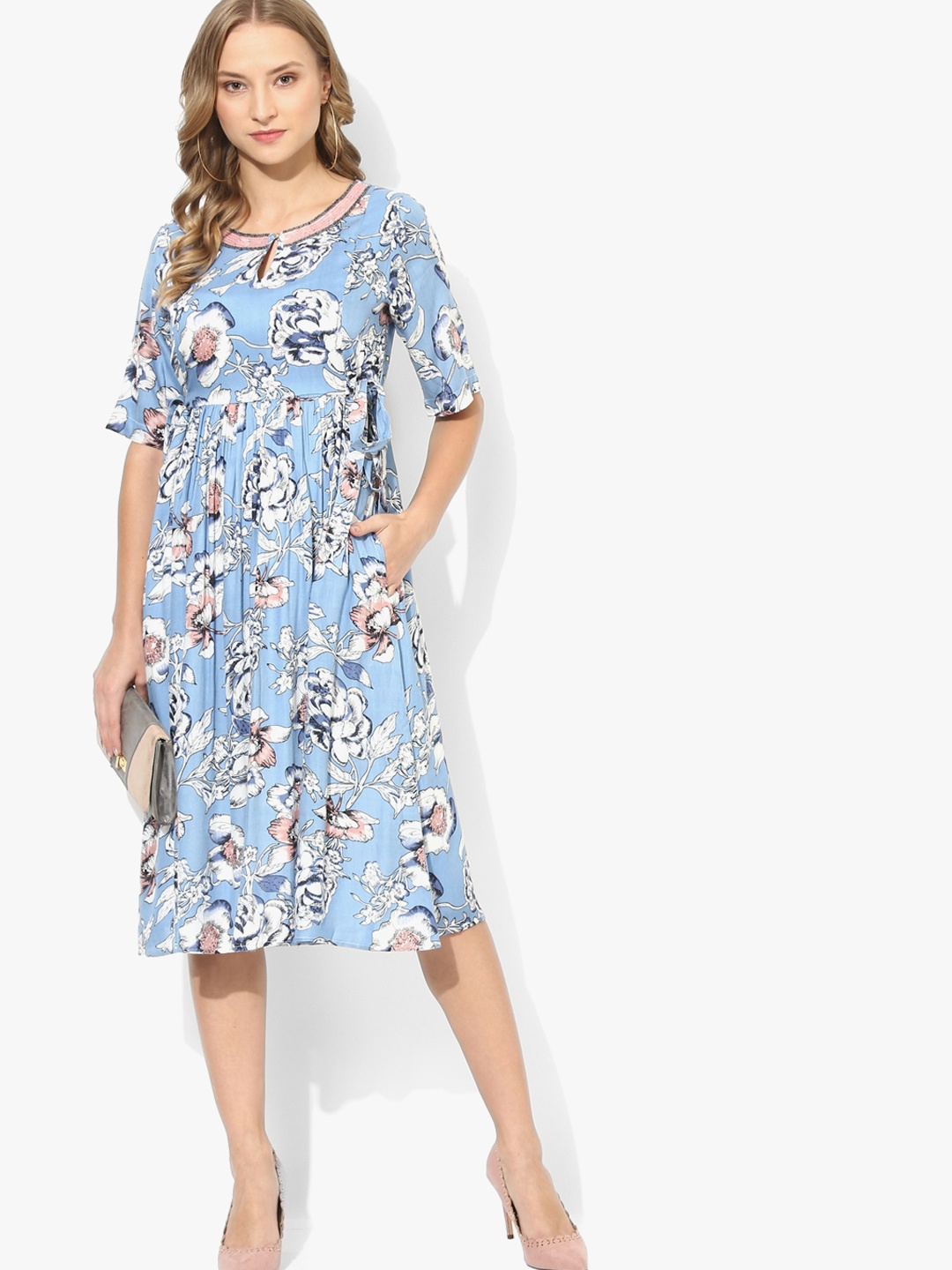 

Antheaa Blue & White Printed Skater Dress