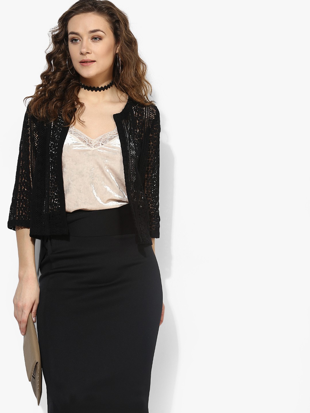 

Antheaa Black Self Design Open Front Shrug