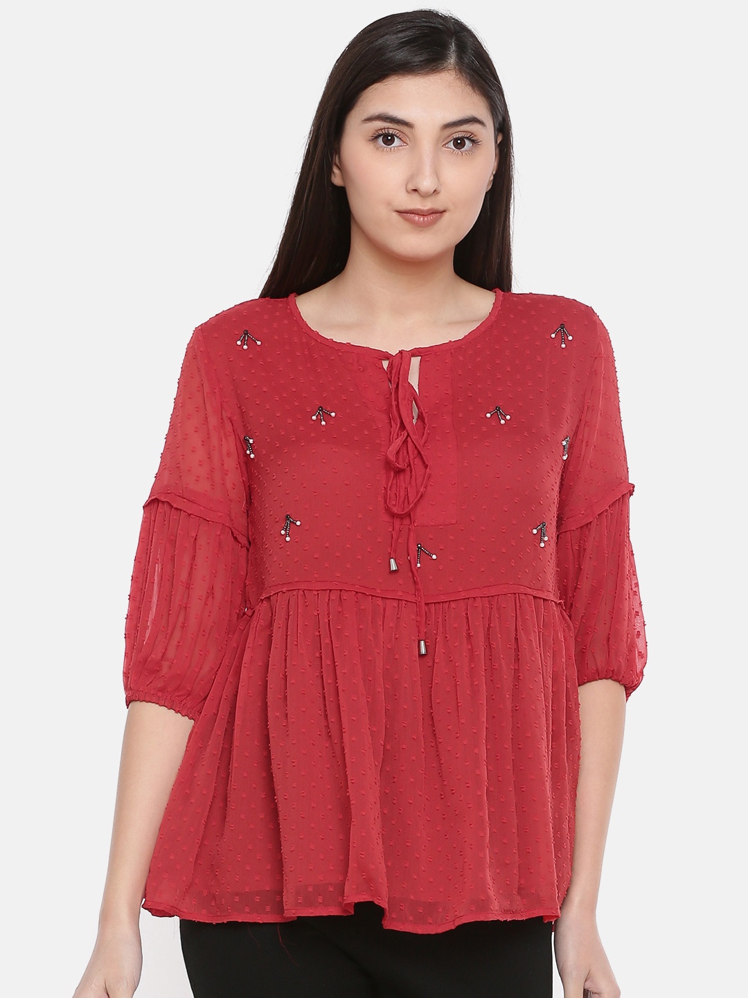 

Antheaa Women Red Self Design Embellished Top