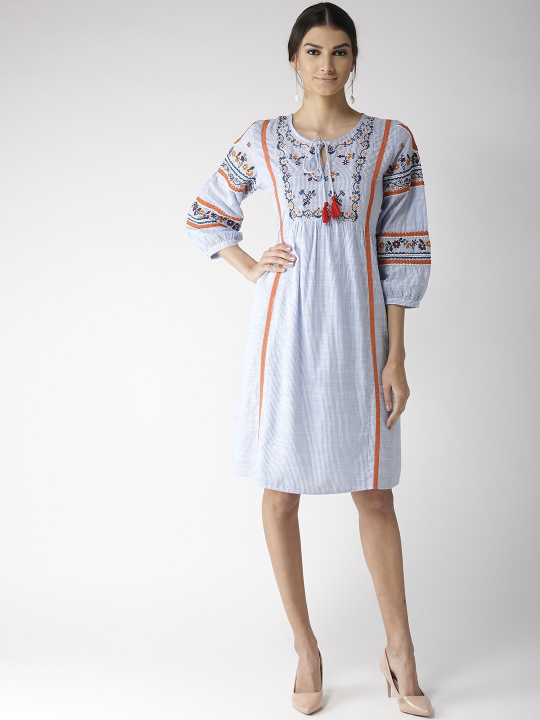 

Antheaa Women White & Blue Striped Empire Dress