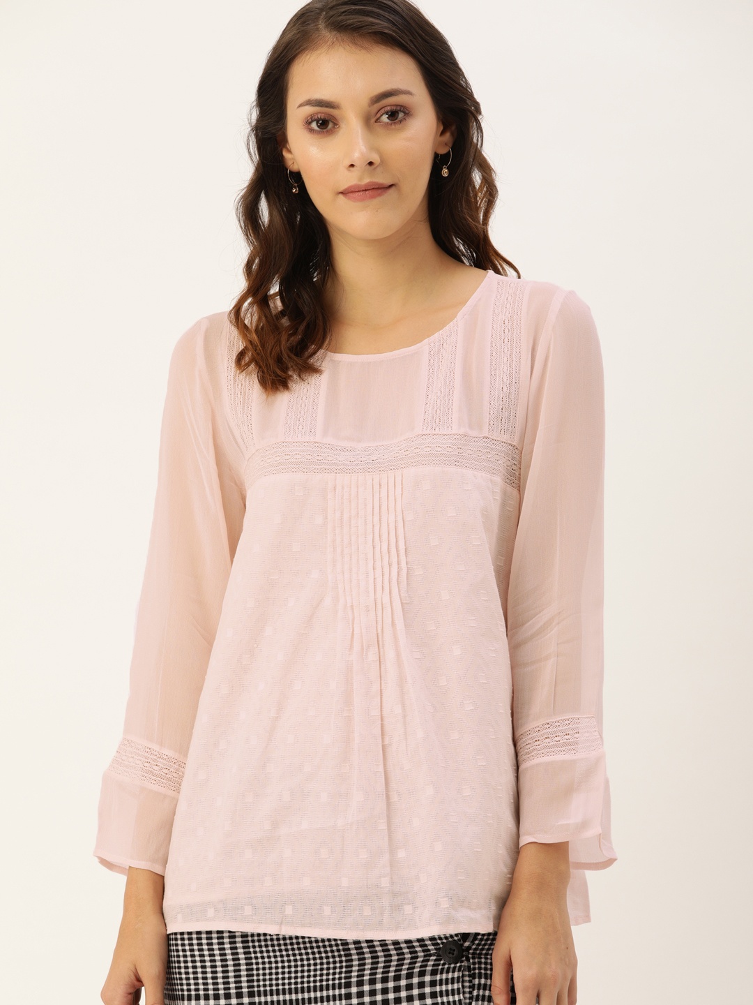 

Antheaa Women Pink Self Design Laced Pure Cotton Top