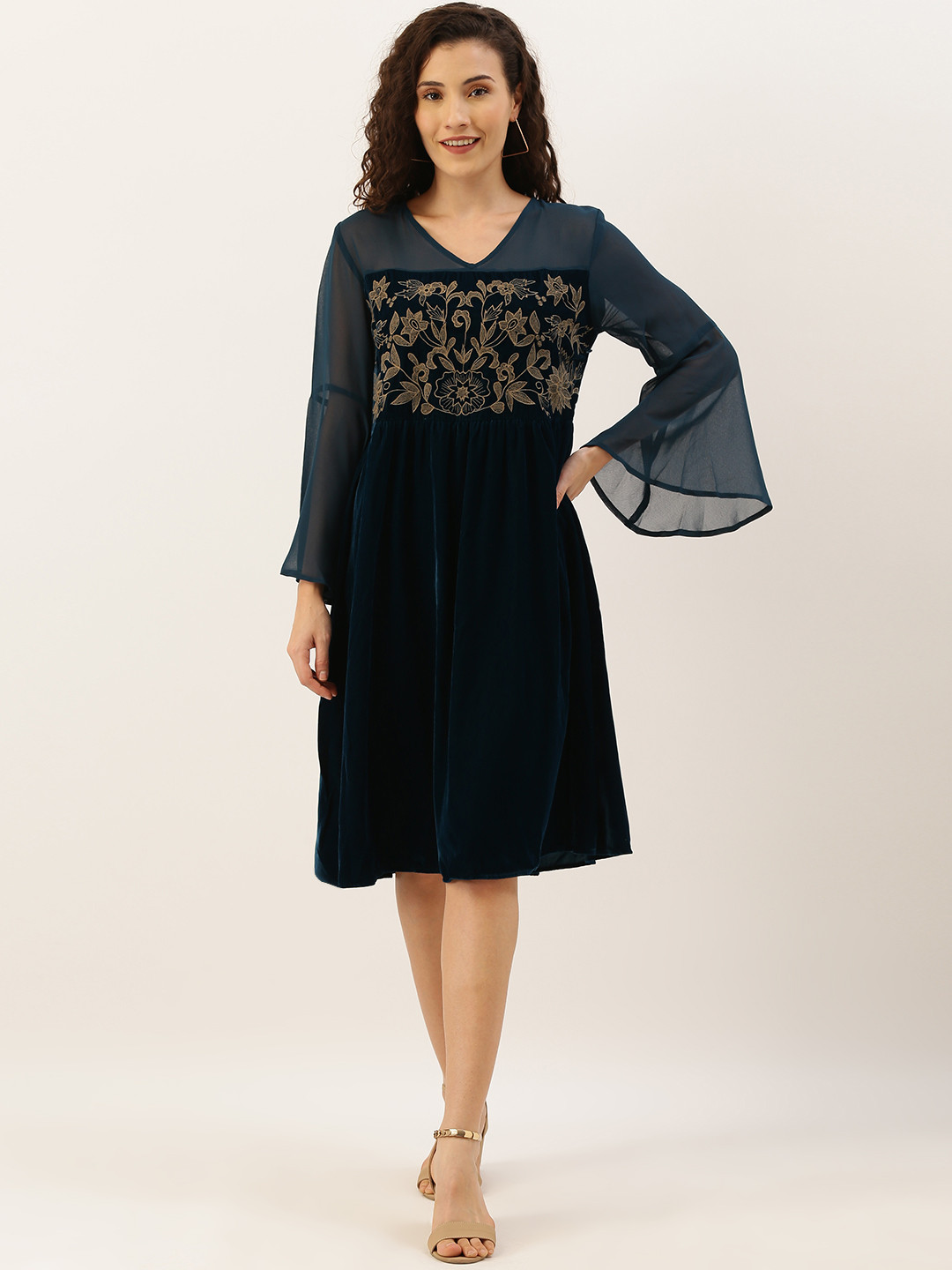 

Antheaa Women Teal Blue Embroidered Velvet A-Line Party Dress