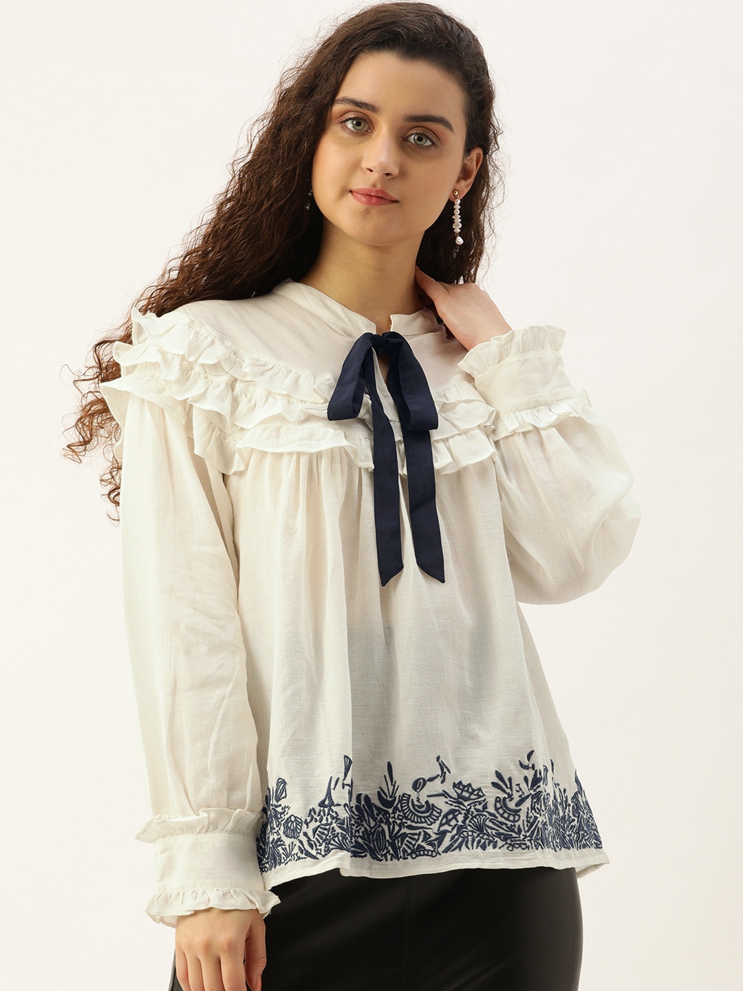 

Antheaa Women White Solid Top With Embroidered & Ruffle Detail