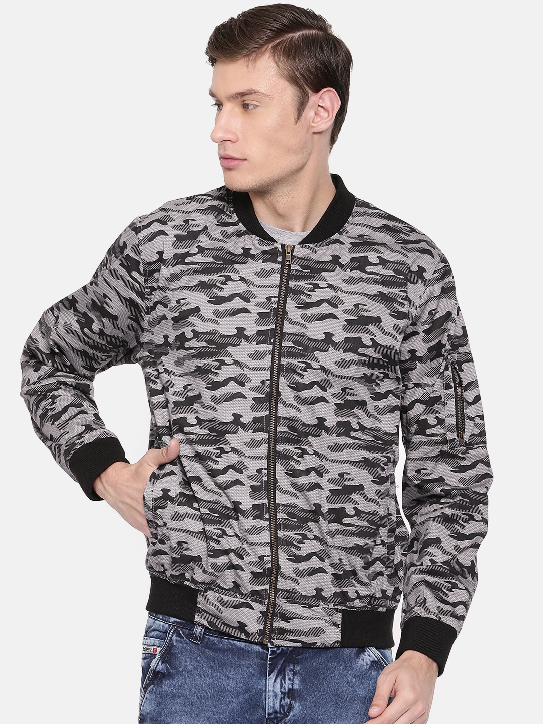 

SKULT by Shahid Kapoor Men Grey Camouflage Print Bomber