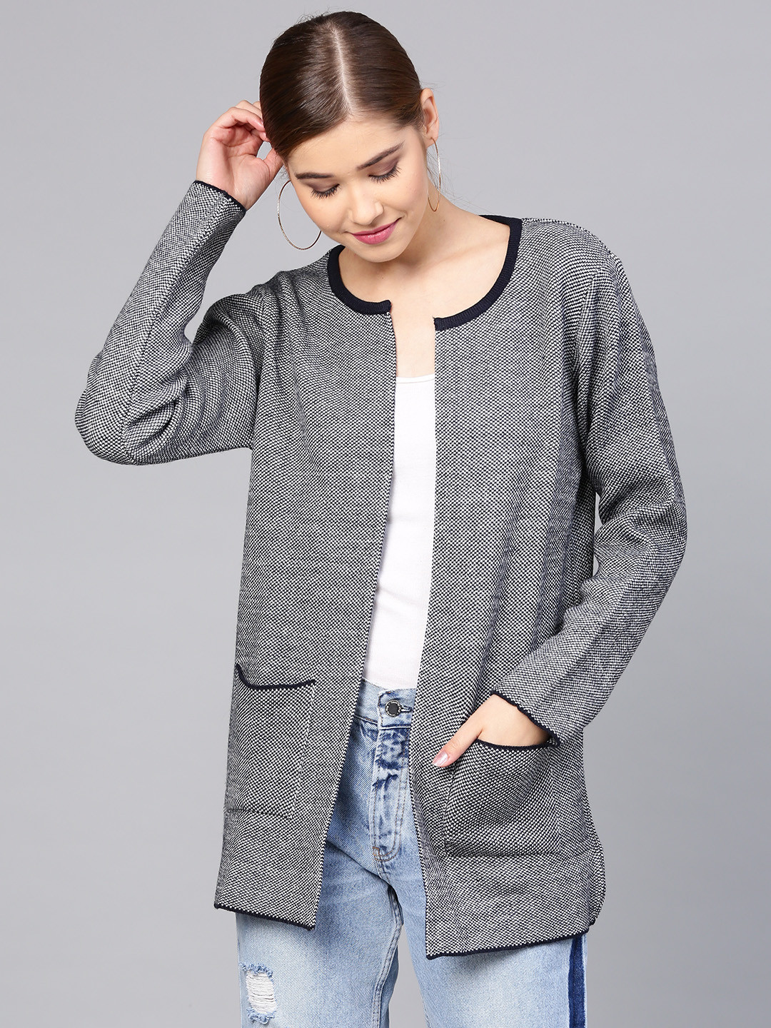 

STREET 9 Navy Blue Self Design Open Front Shrug