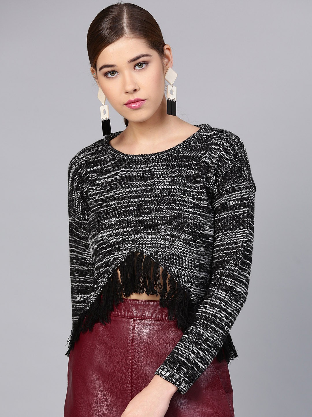 

STREET 9 Women Black & Grey Self Design Crop Pullover
