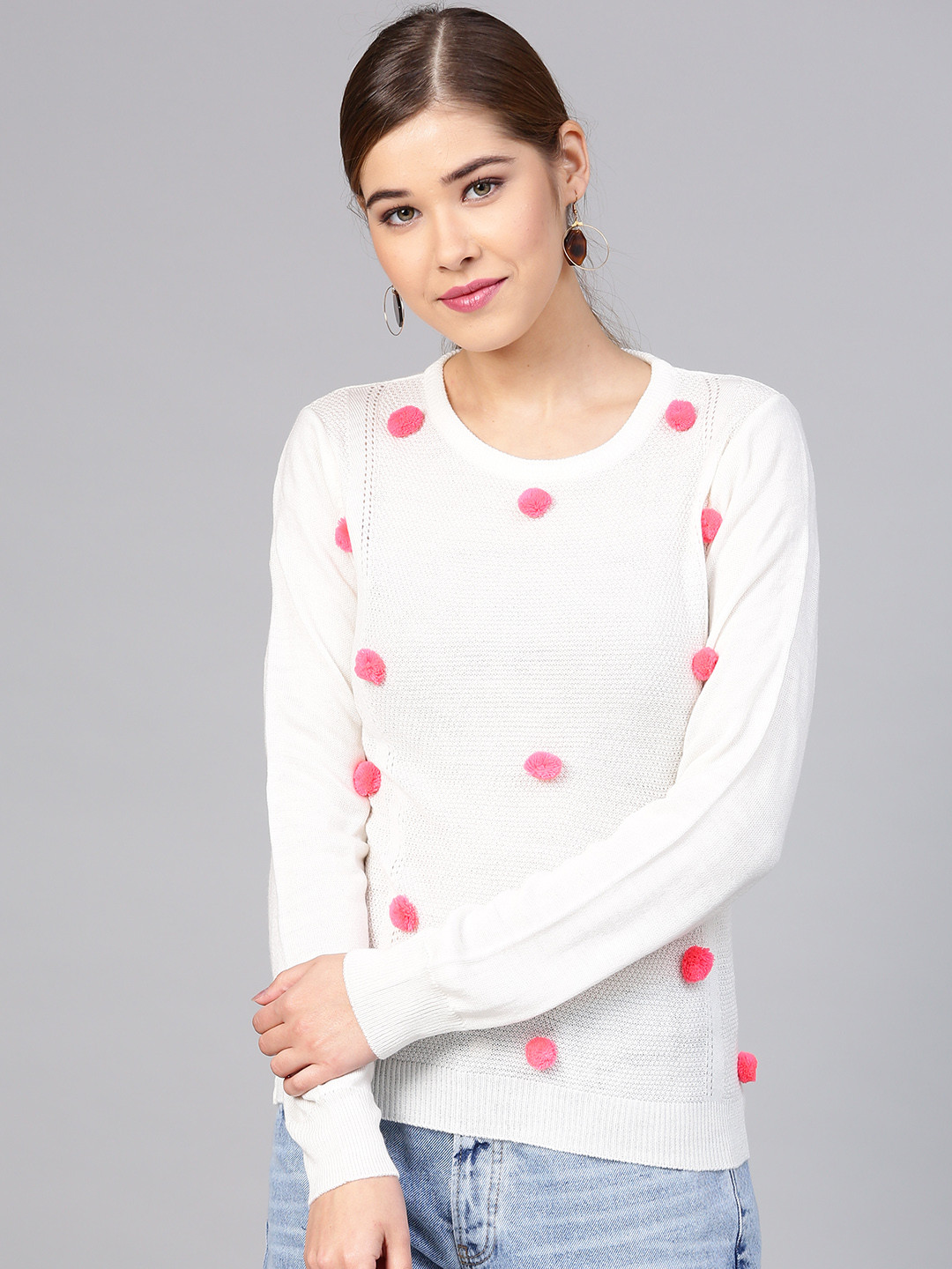 

STREET 9 Women White Pom-Pom Detail Self Design Pullover