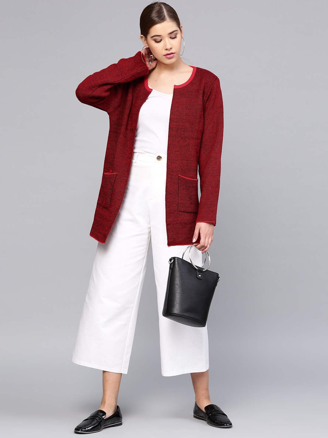 

STREET 9 Women Red & Black Self Design Front-Open Sweater