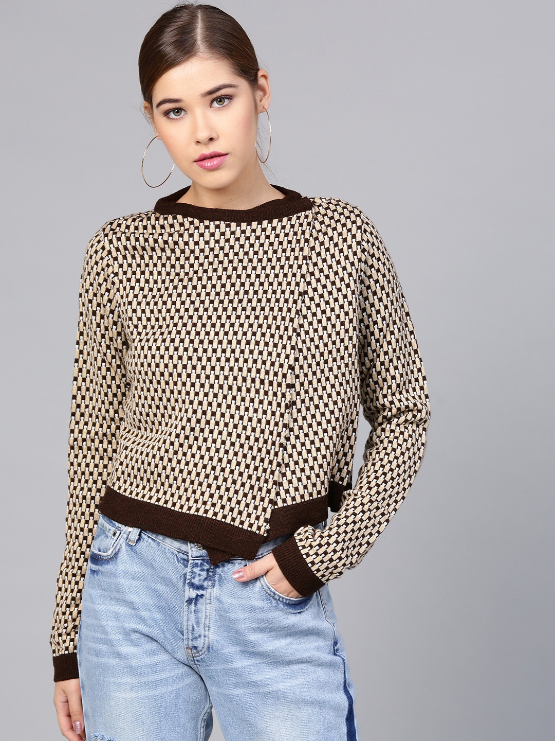 

STREET 9 Women Brown & Beige Self Design Front-Open Sweater