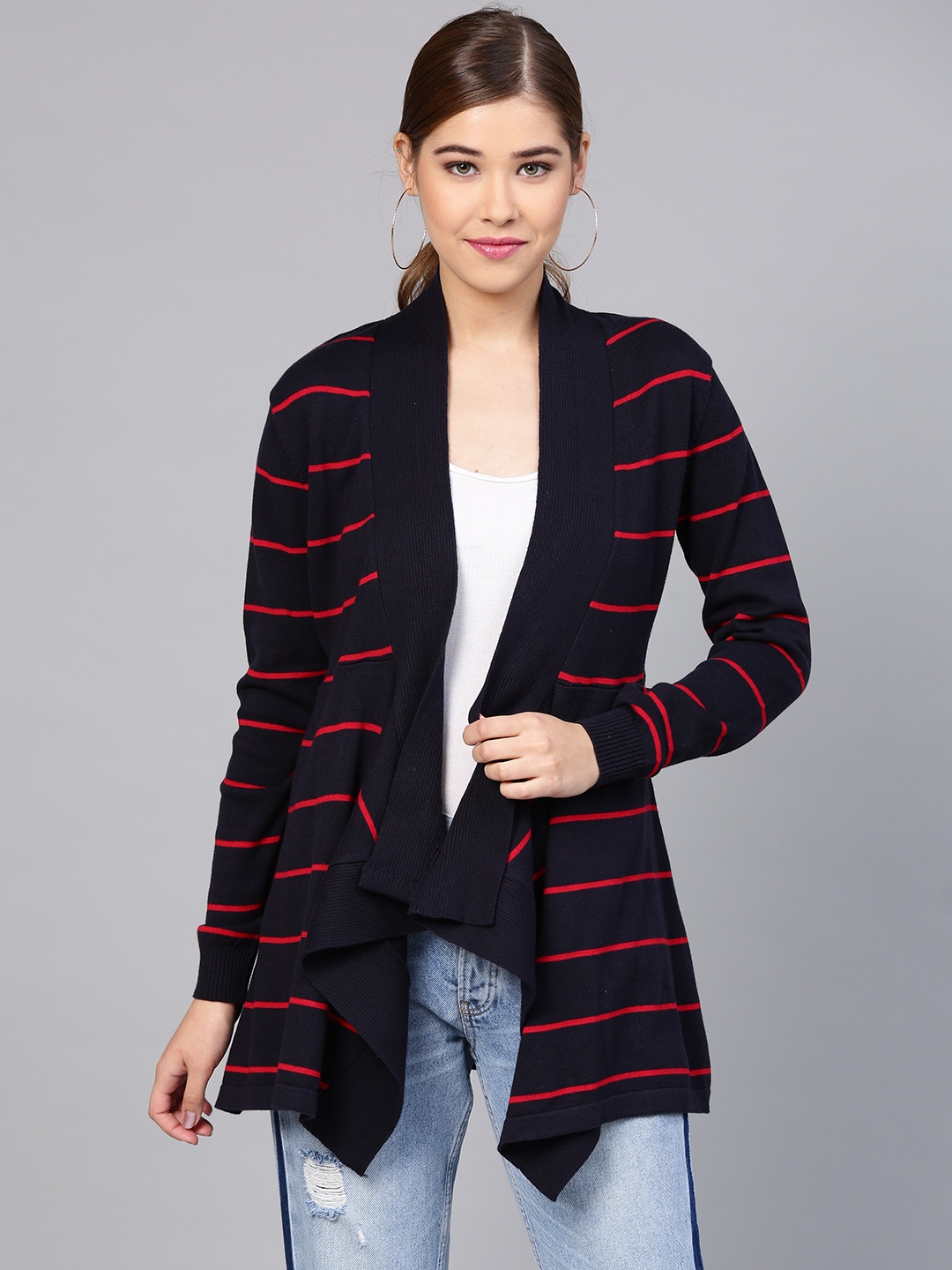 

STREET 9 Navy Blue & Red Striped Waterfall Shrug