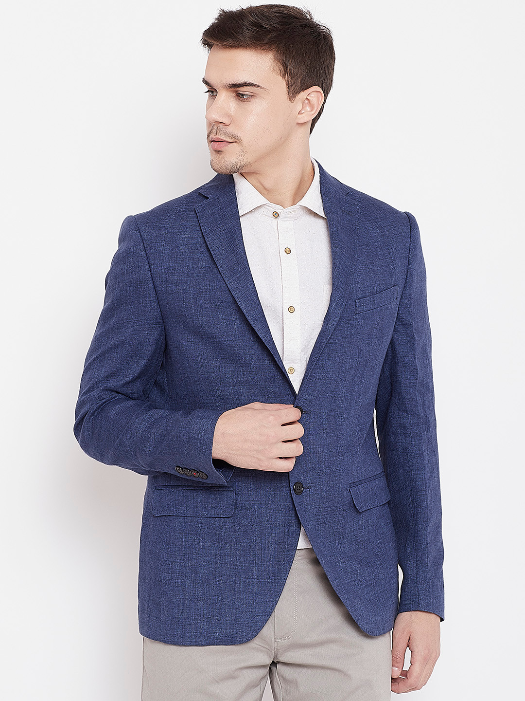 

Blackberrys Men Blue Solid Single Breasted Linen Blazer