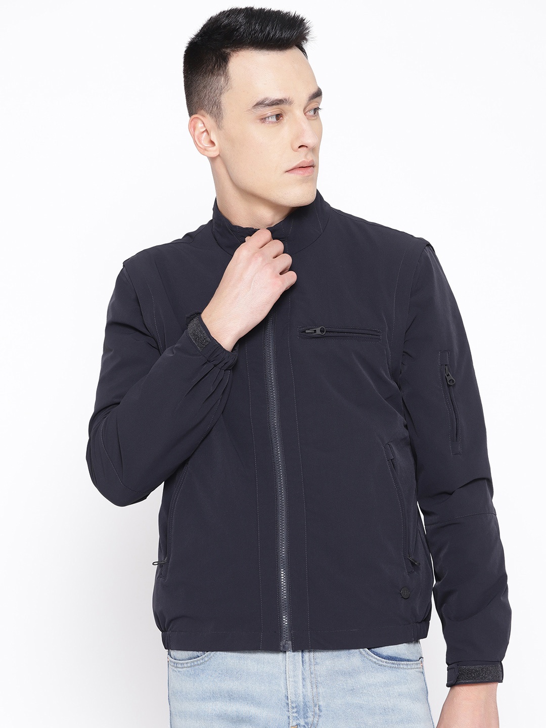 

Blackberrys Men Navy Blue Solid Bomber Jacket