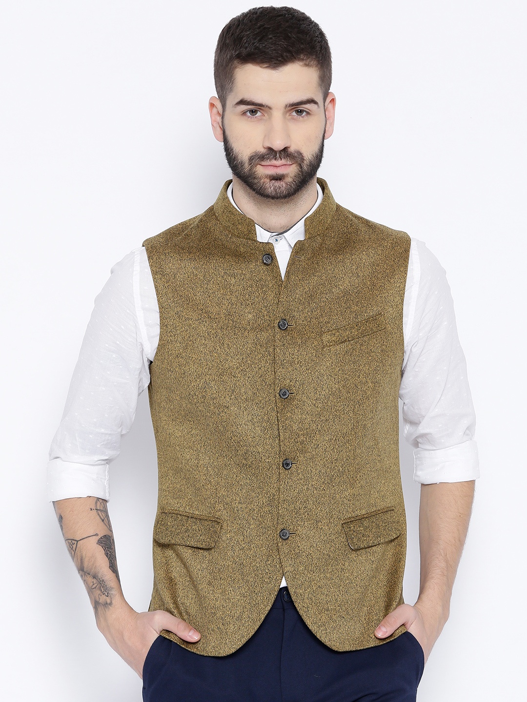 

Blackberrys Mustard Yellow & Charcoal Grey Slim Fit Solid Nehru Jacket