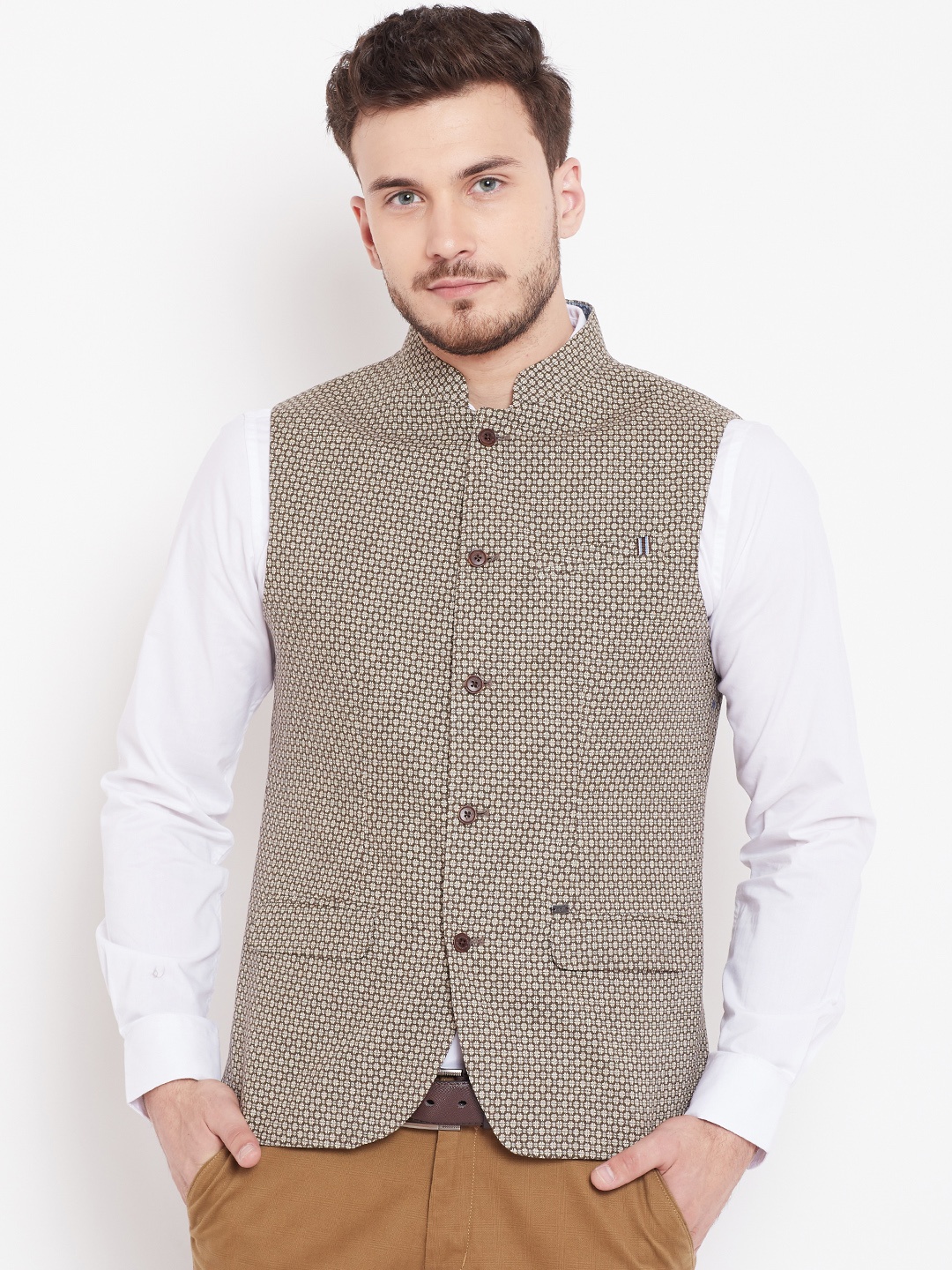 

Blackberrys Men Brown Off-White Printed Pure Cotton Nehru Jacket