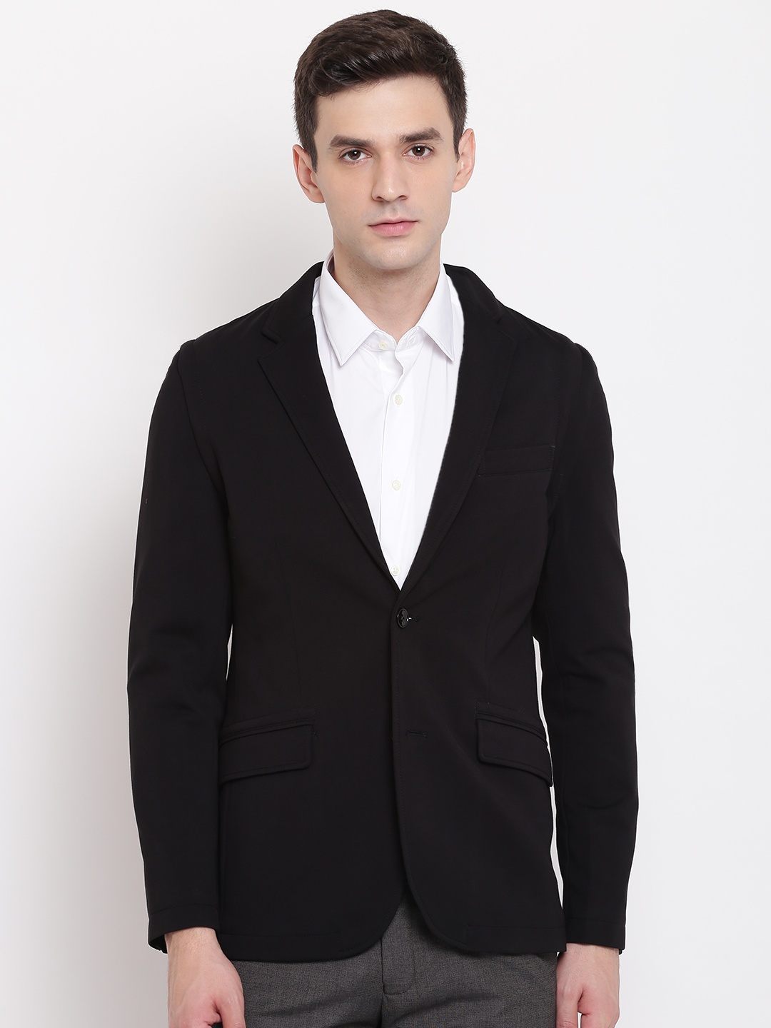 

Blackberrys Men Black Solid Single-Breasted Formal Pure Cotton Blazer