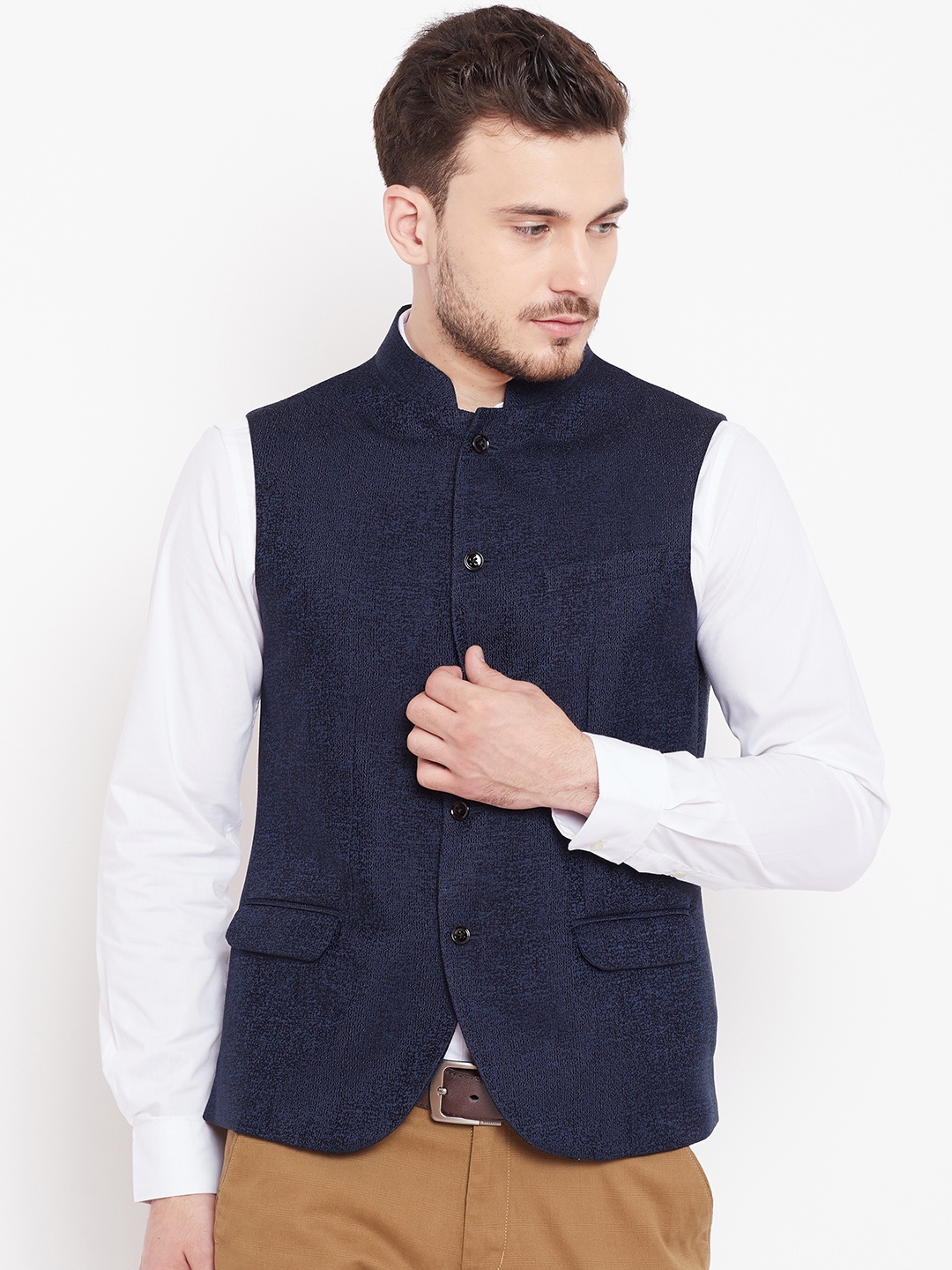 

Blackberrys Men Navy Blue Slim Fit Textured Nehru Jacket