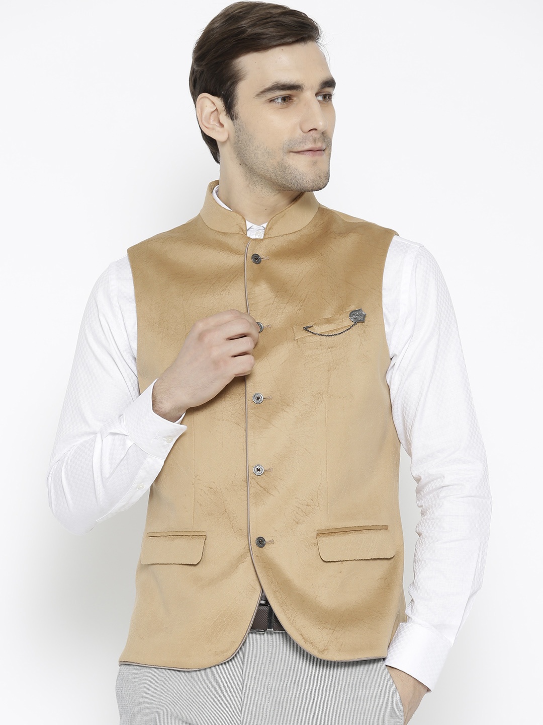

Blackberrys Men Beige Textured Slim Fit Single Breasted Nehru Jacket