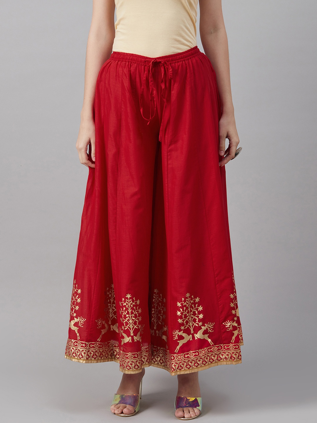 

Biba Women Red & Golden Ethnic Motifs Print Flared Palazzos