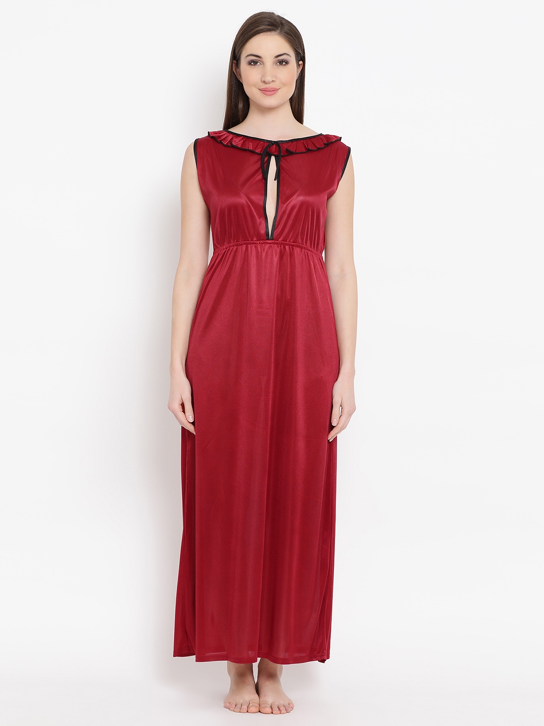 

Clovia Women Maroon Solid Maxi Nightdress with Robe