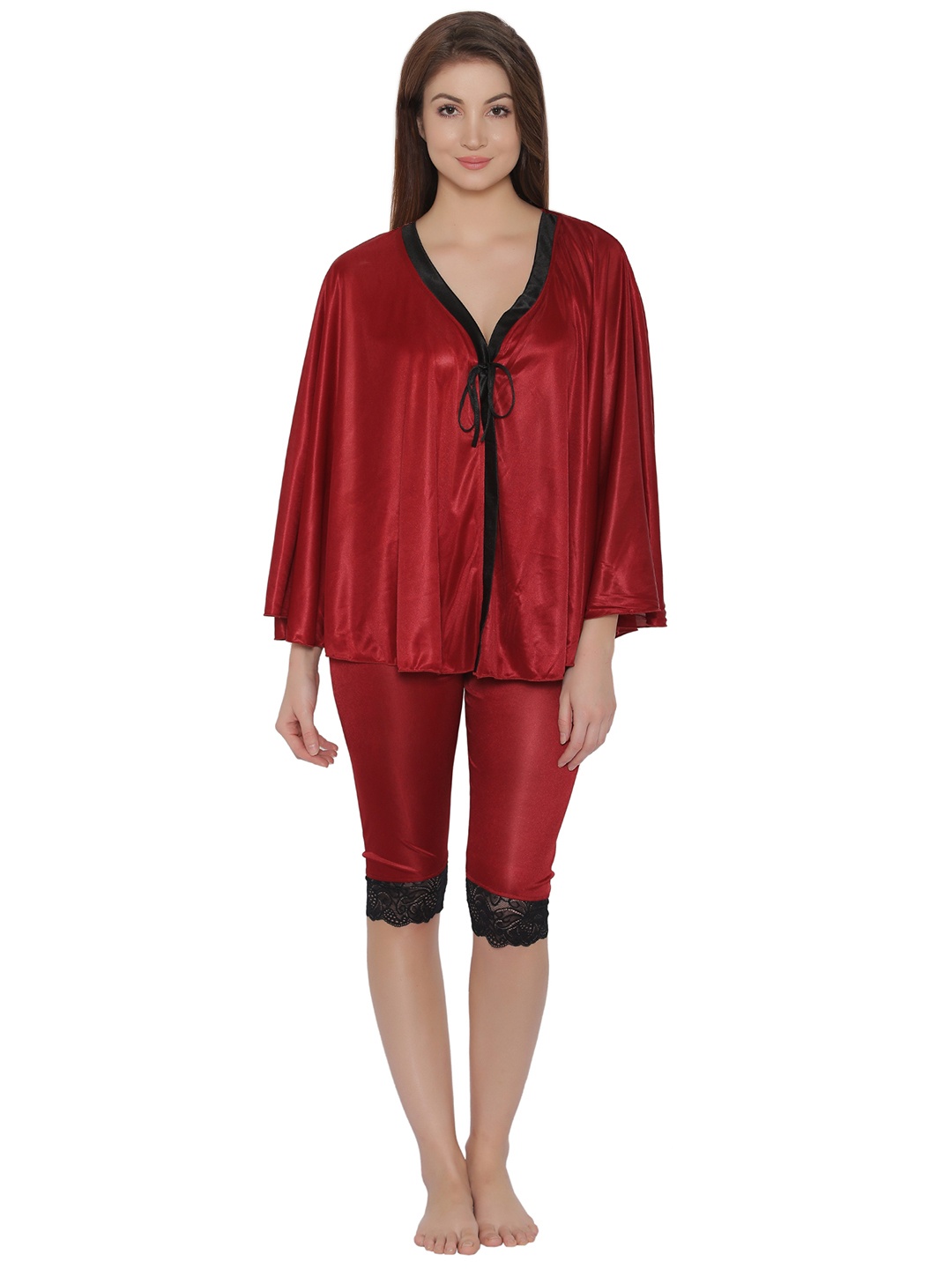 

Clovia Women Maroon Satin Kaftan & Capri Night Suit NSM296P09O