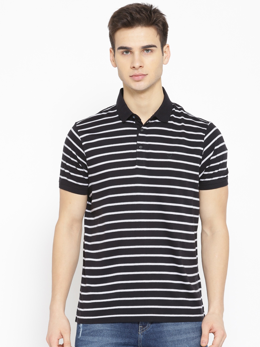 

Blackberrys Men Black & White Striped Polo Collar T-shirt