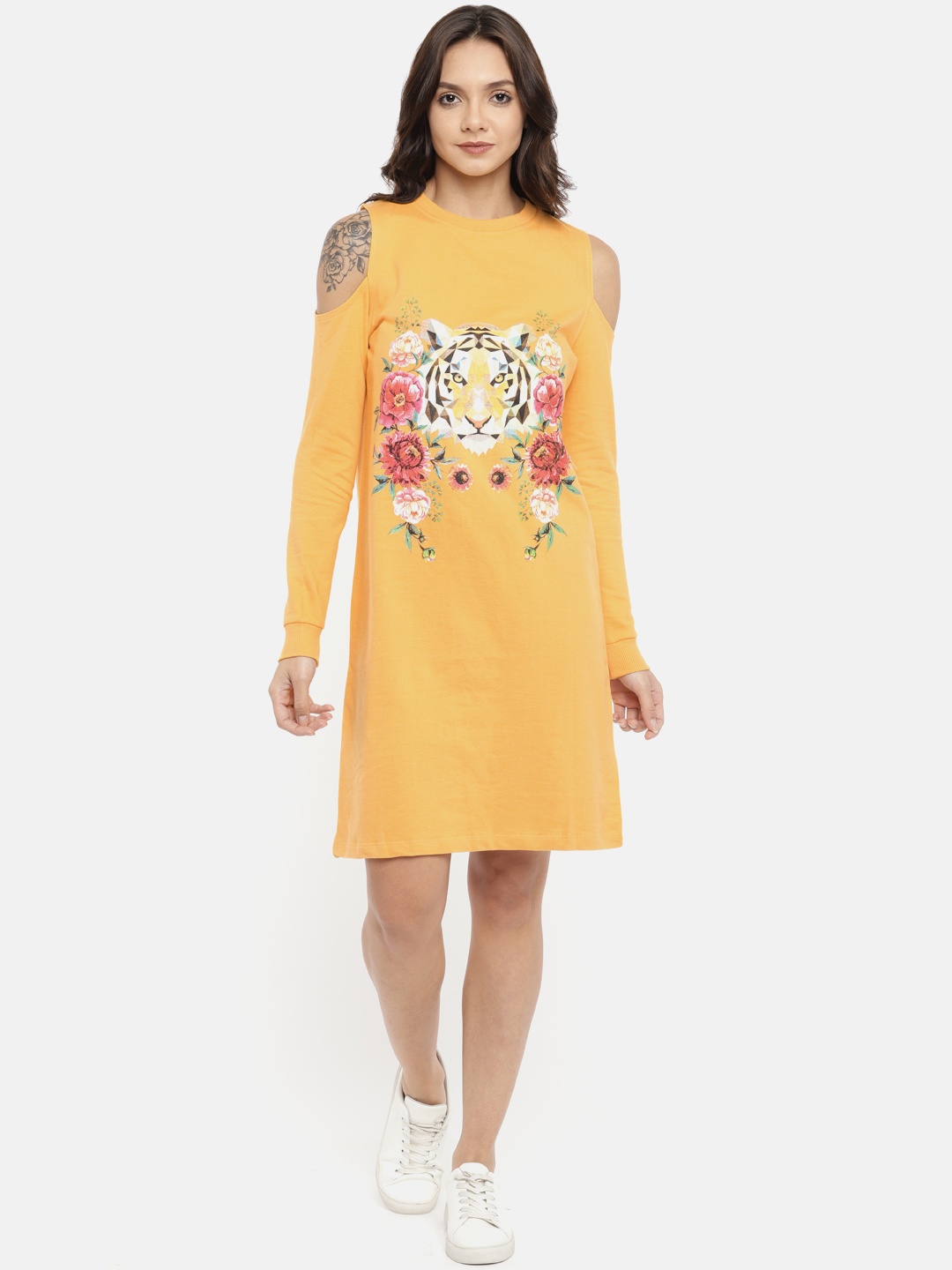 

EVAH LONDON Women Yellow Printed Cold-Shoulder T-shirt Dress