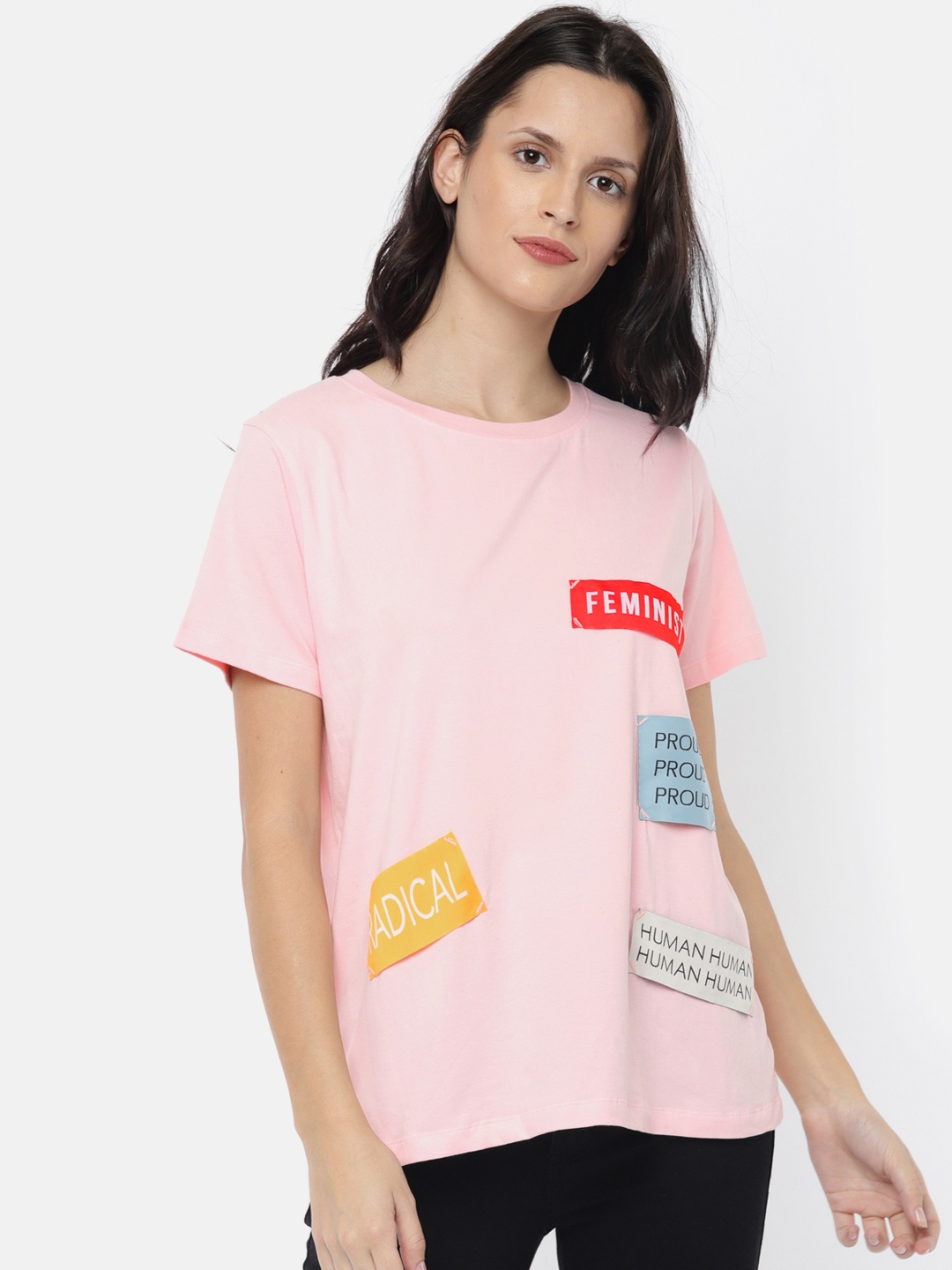 

EVAH LONDON Women Pink Solid Round Neck T-shirt