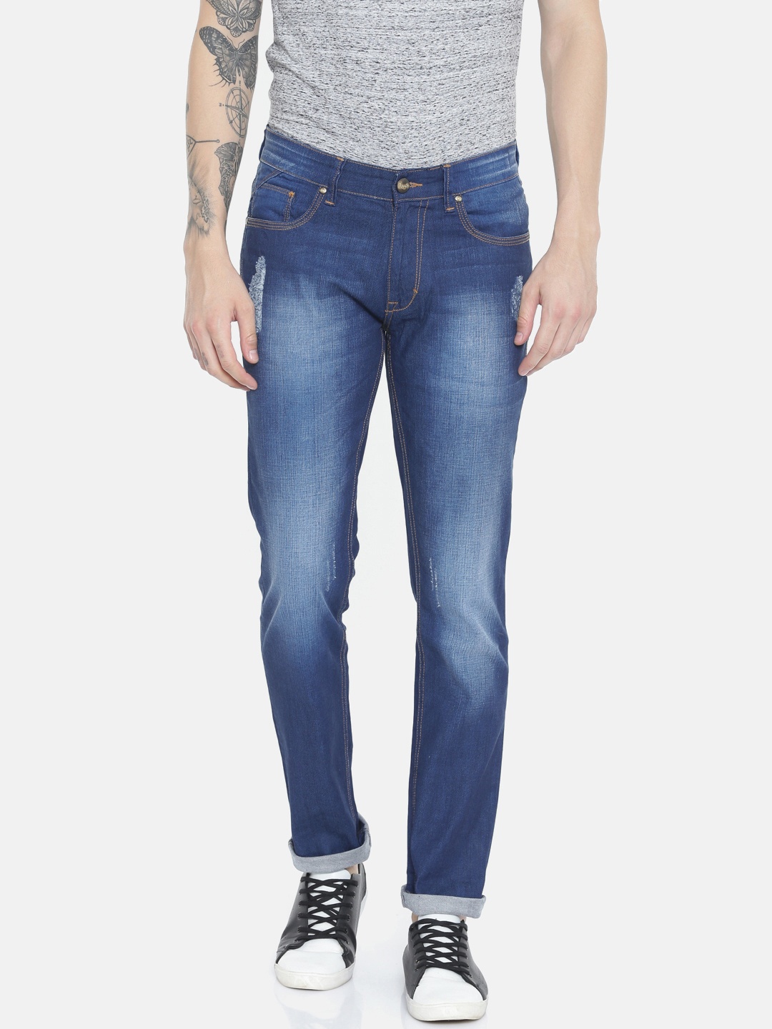 

People Men Blue Slim Fit Mid Rise Low Distress Jeans