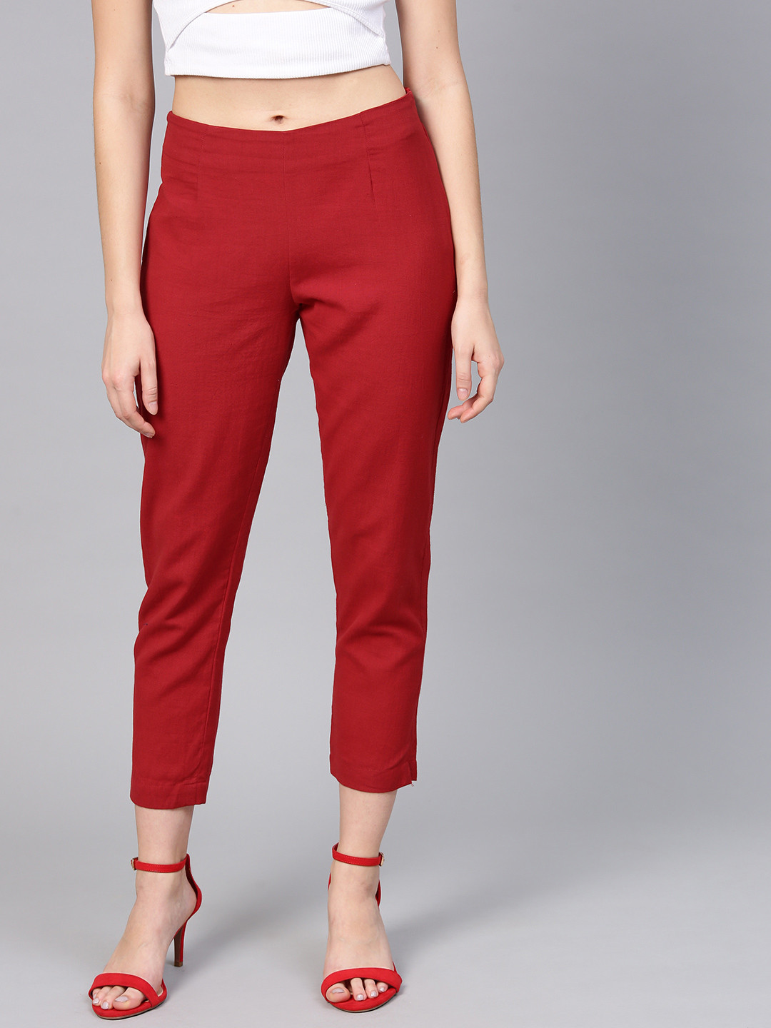 

PINKSKY Women Red Regular Fit Solid Cropped Trousers
