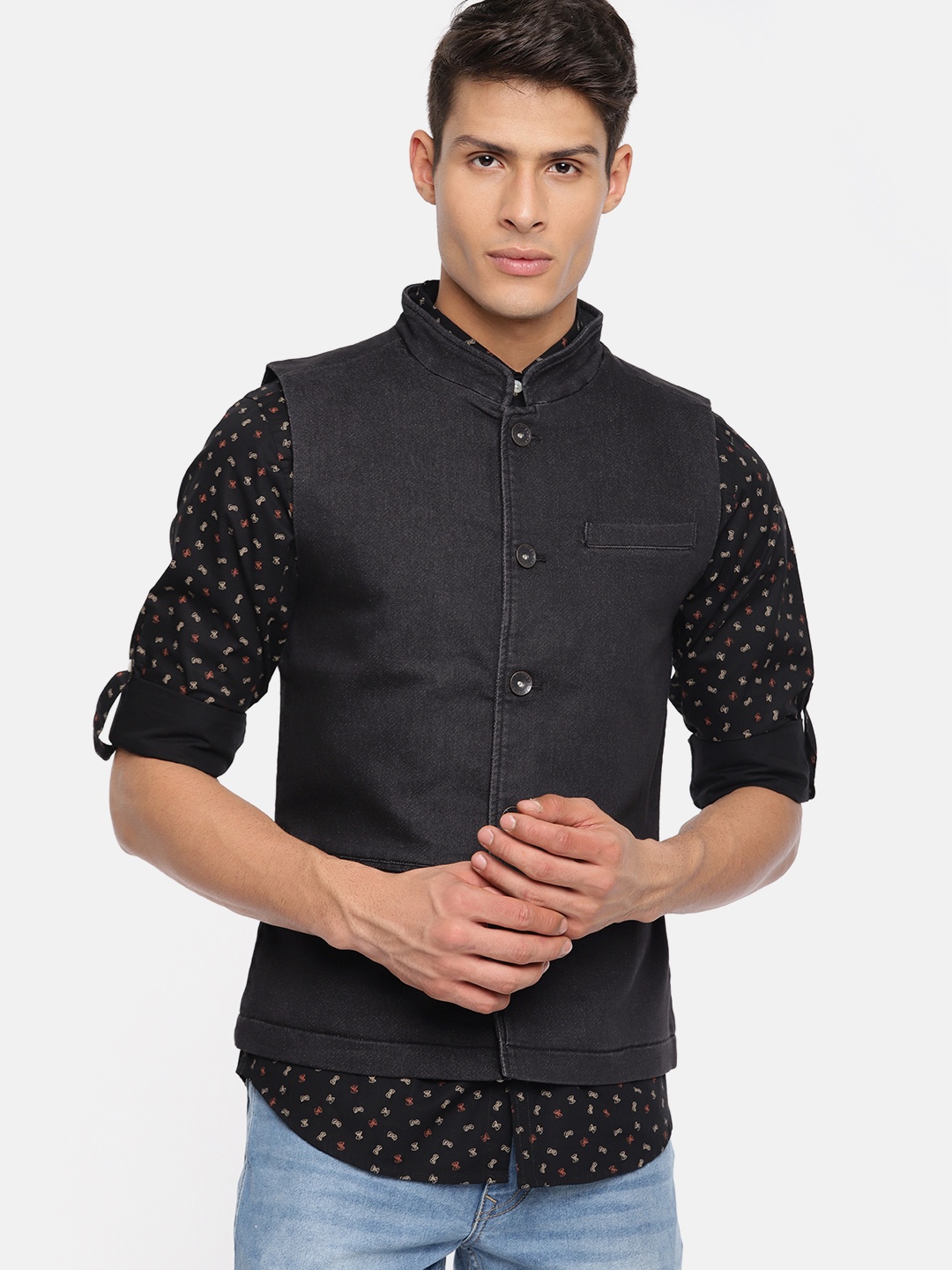 

United Colors of Benetton Men Black Solid Denim Nehru Jacket