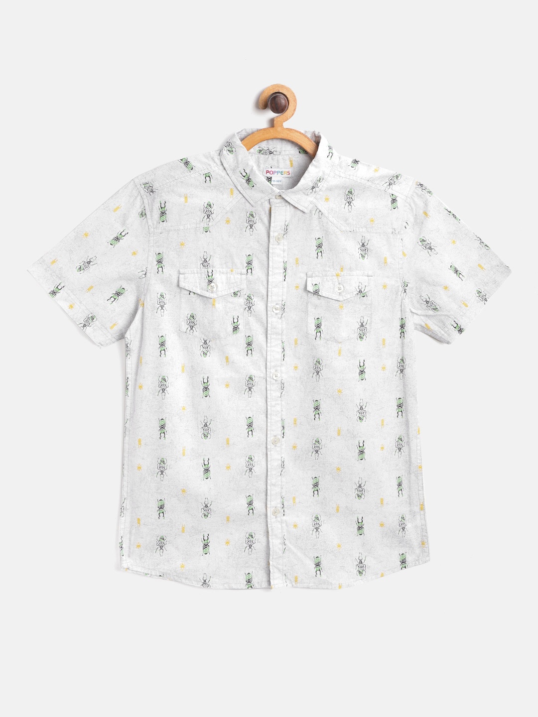 

POPPERS by Pantaloons Boys White & Green Pure Cotton Regular Fit Insect Print Casual Shirt