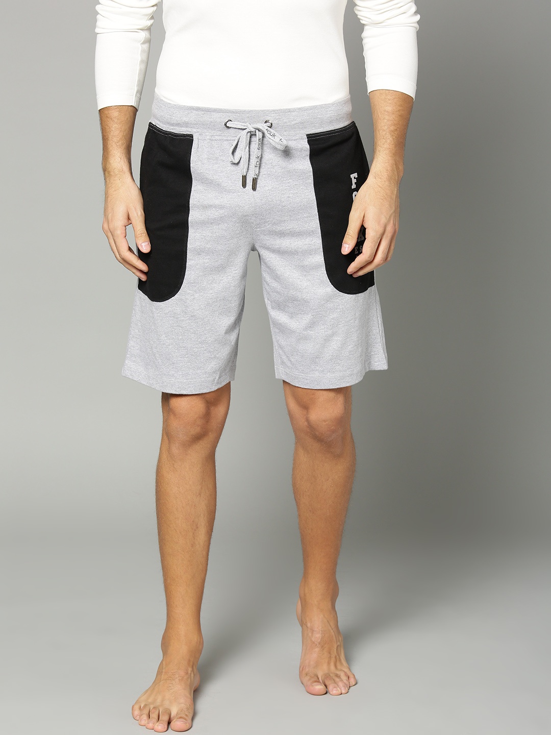 

FCUK Men Grey Melange Black Colourblocked Lounge Shorts FKS01
