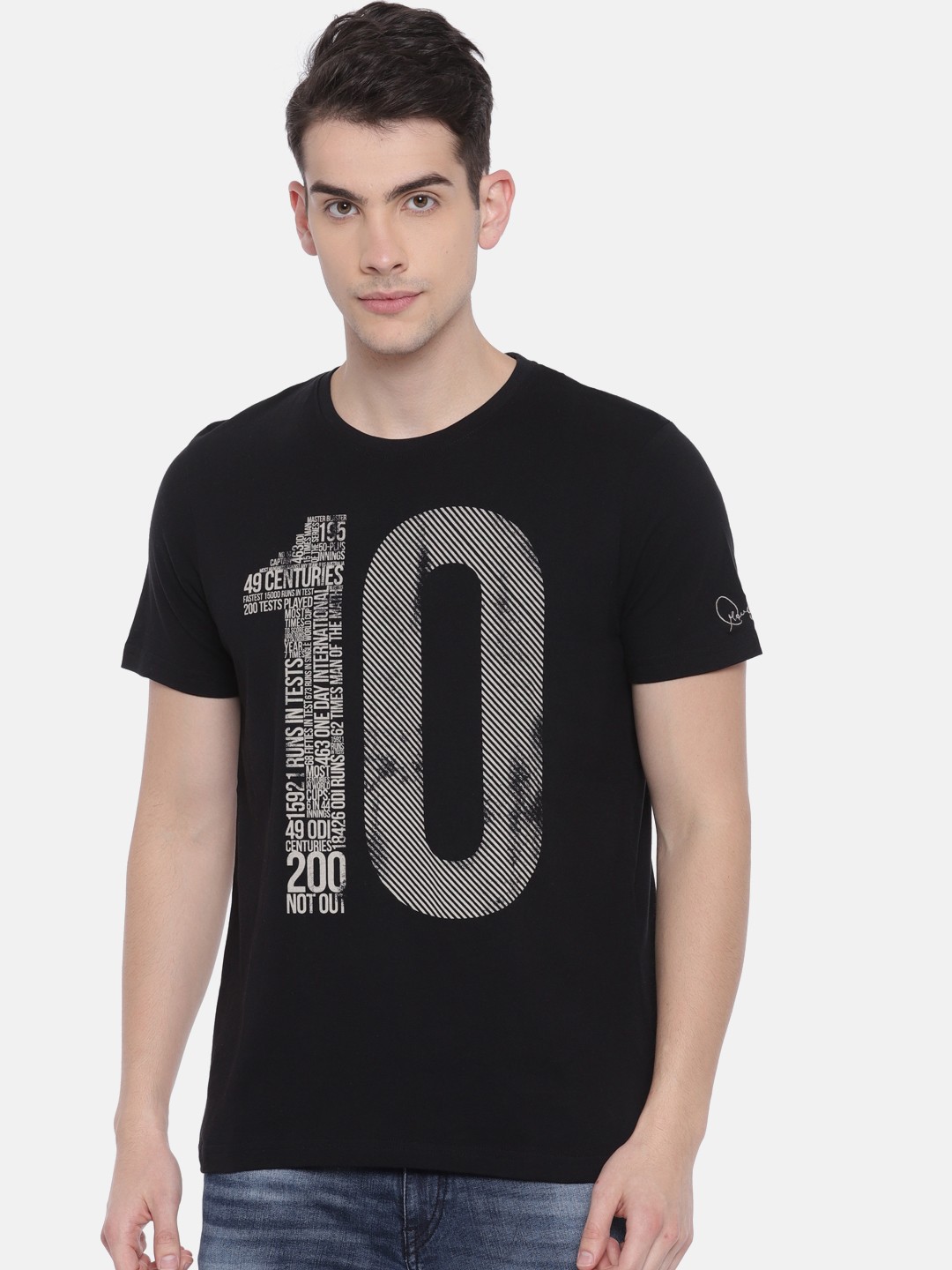 

True Blue Men Black Printed Round Neck T-shirt