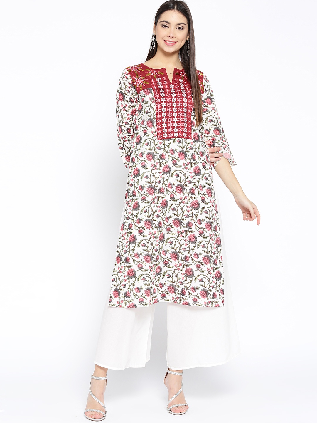 

Bhama Couture Women White & Pink Printed Kurta with Palazzos