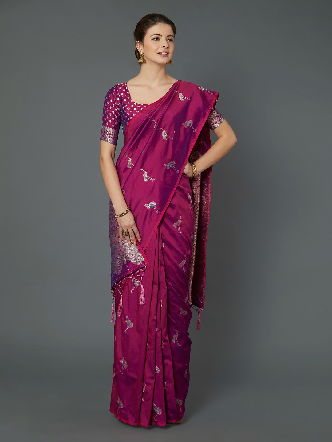 

Mitera Magenta Silk Blend Woven Design Kanjeevaram Saree