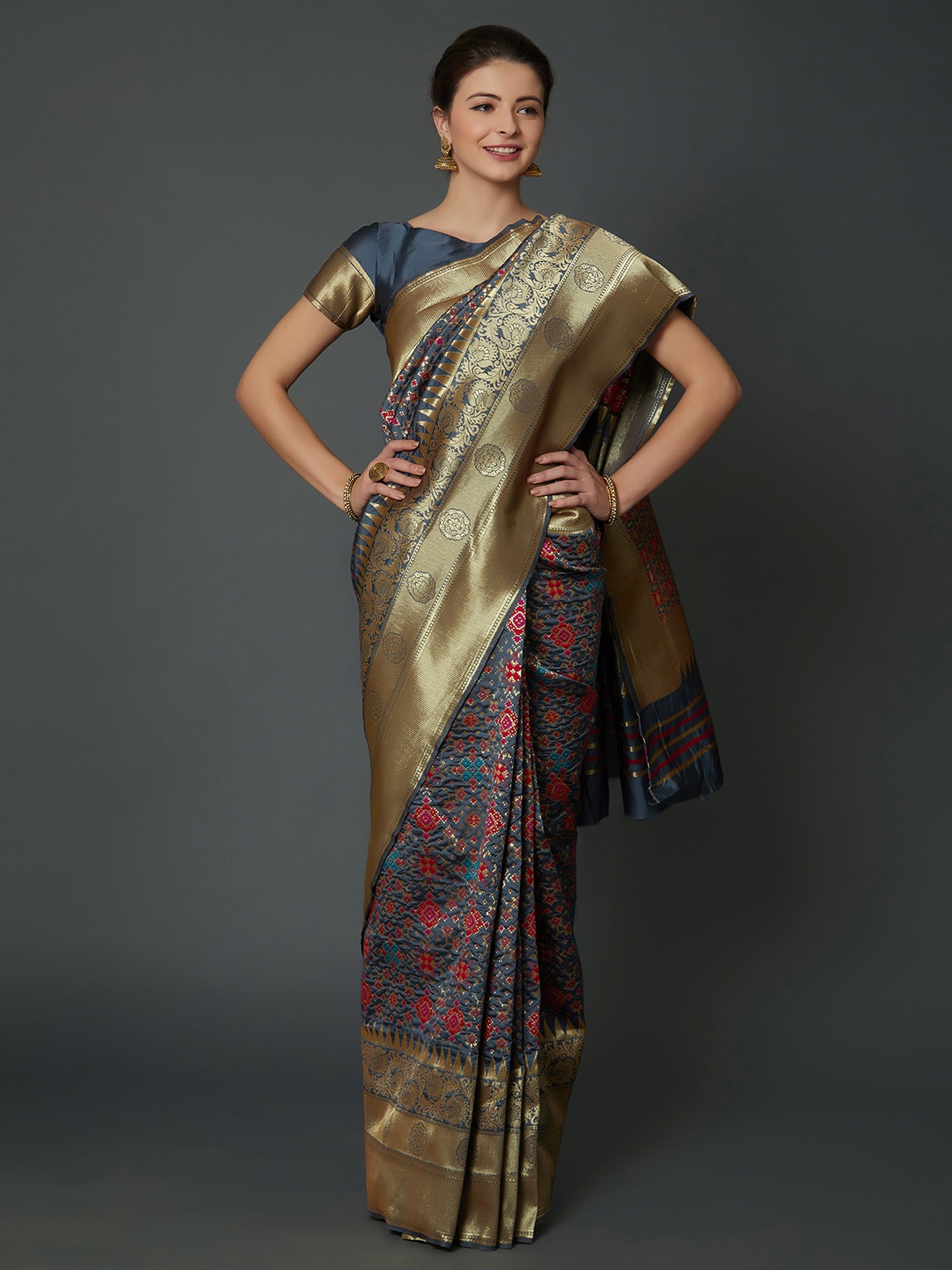 

Mitera Grey Silk Blend Woven Design Kanjeevaram Saree