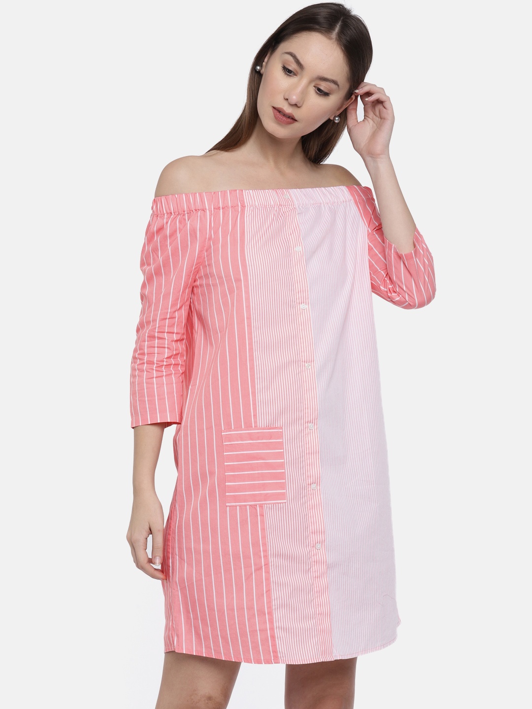 

EVAH LONDON Women Pink & White Striped Off-Shoulder A-Line Dress