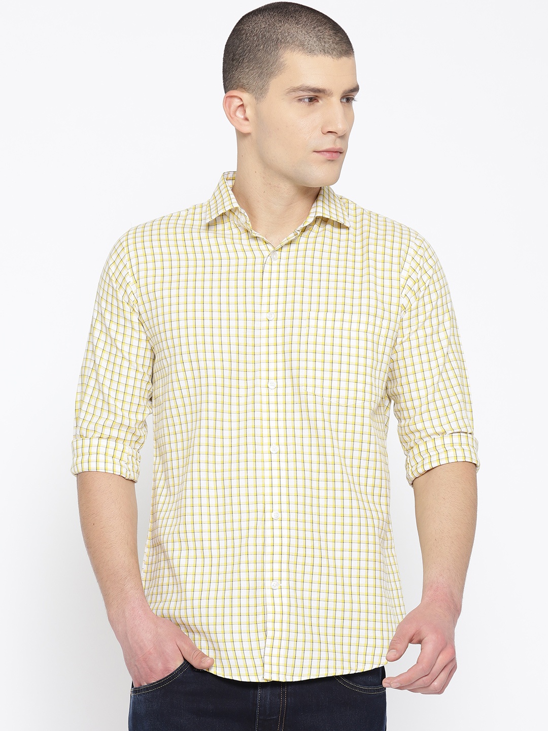 

Shaftesbury London Men Yellow & White Slim Fit Checked Casual Shirt