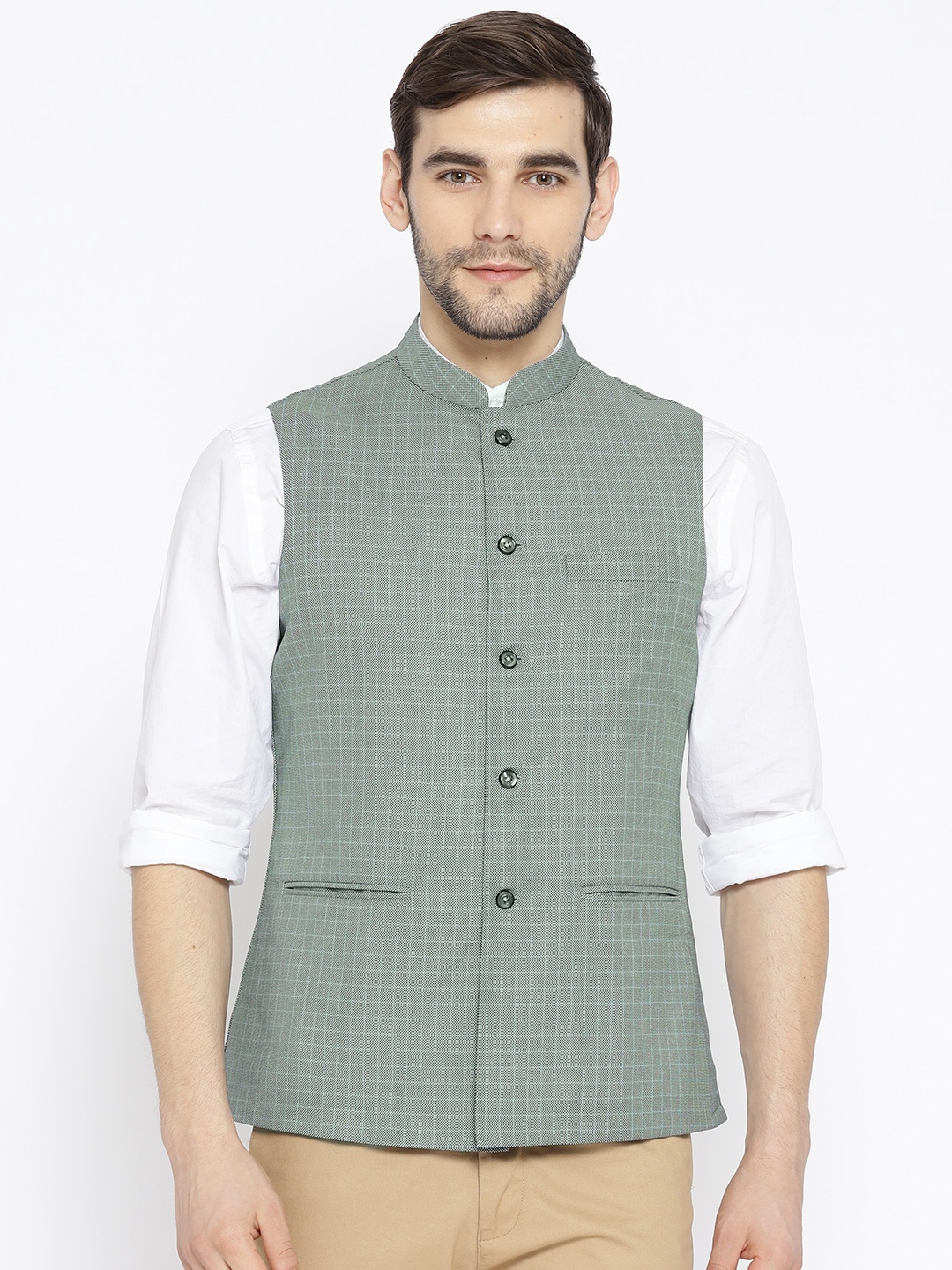 

Shaftesbury London Men Green & White Self Design Slim Fit Nehru Jacket