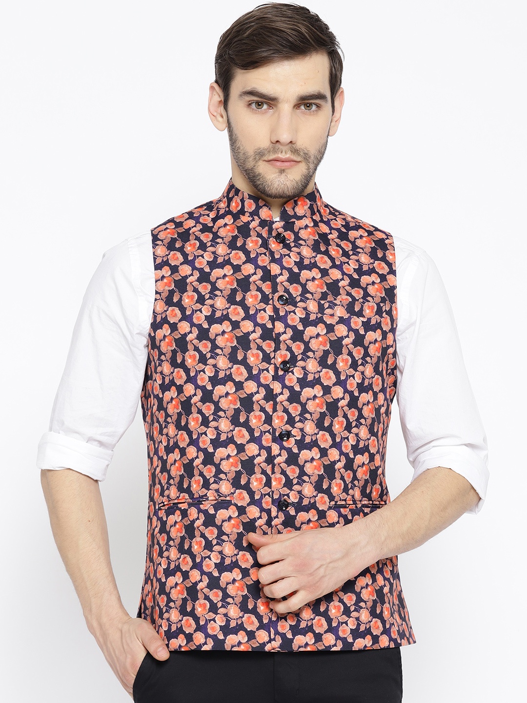 

Shaftesbury London Men Navy Blue & Orange Printed Slim Fit Nehru Jacket