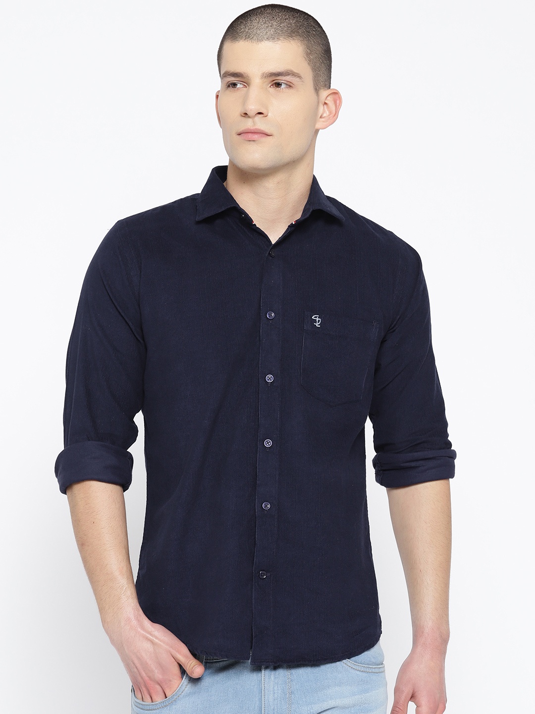 

Shaftesbury London Men Navy Blue Slim Fit Solid Casual Shirt