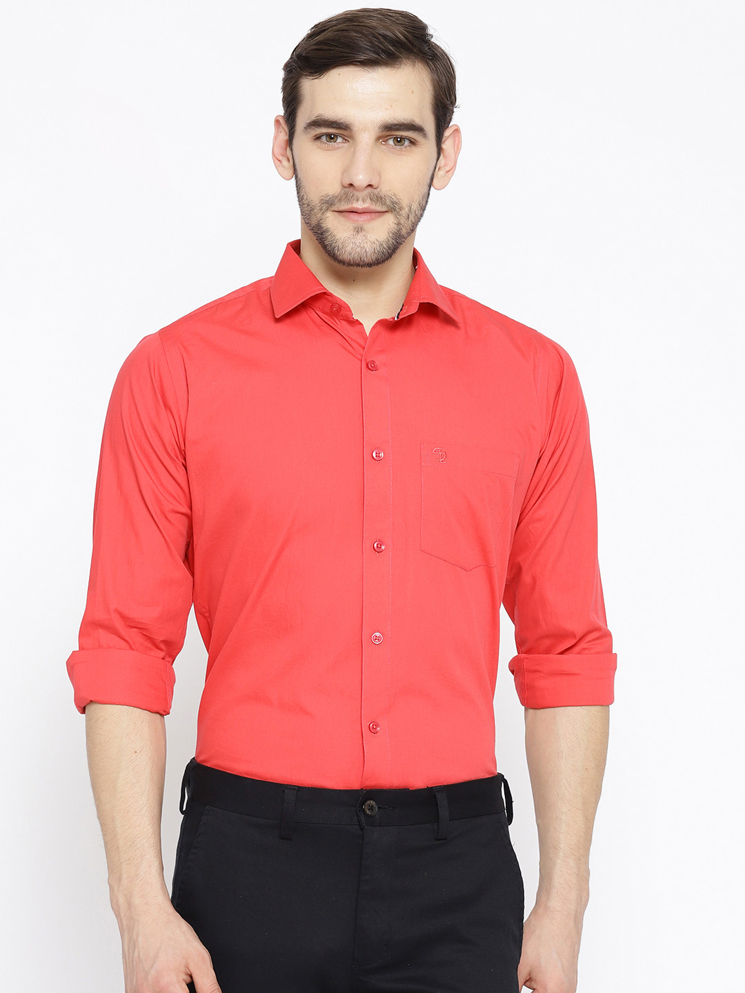 

Shaftesbury London Men Coral Red Slim Fit Solid Smart Casual Shirt