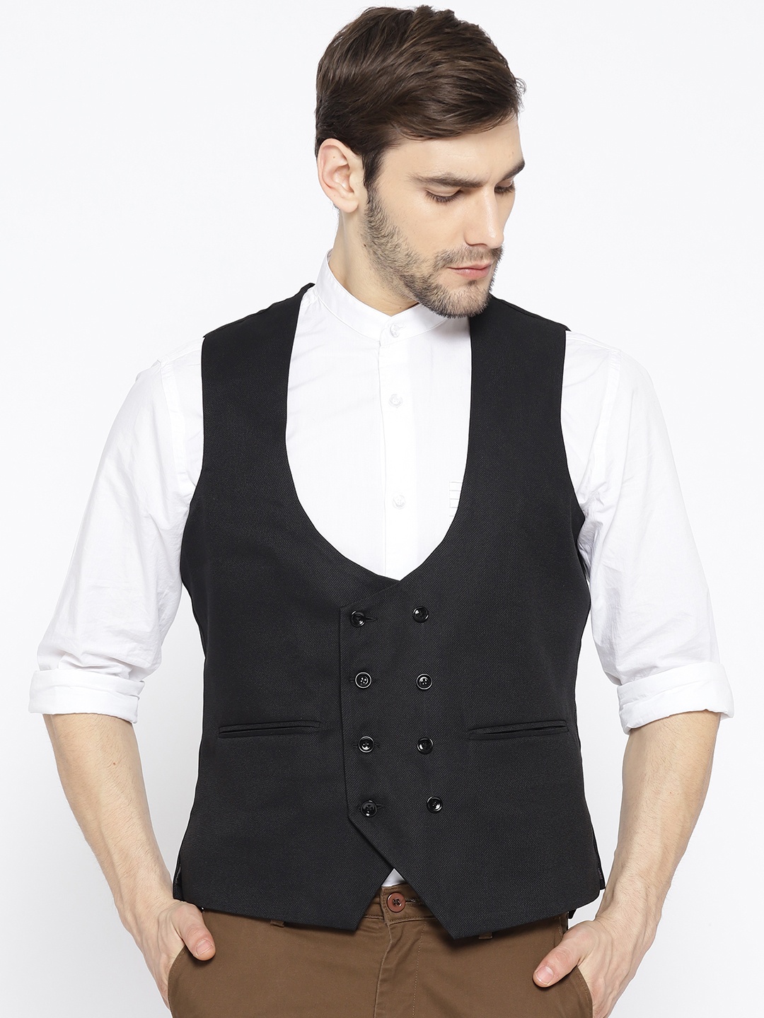 

Shaftesbury London Men Black Solid Slim Fit Waistcoat