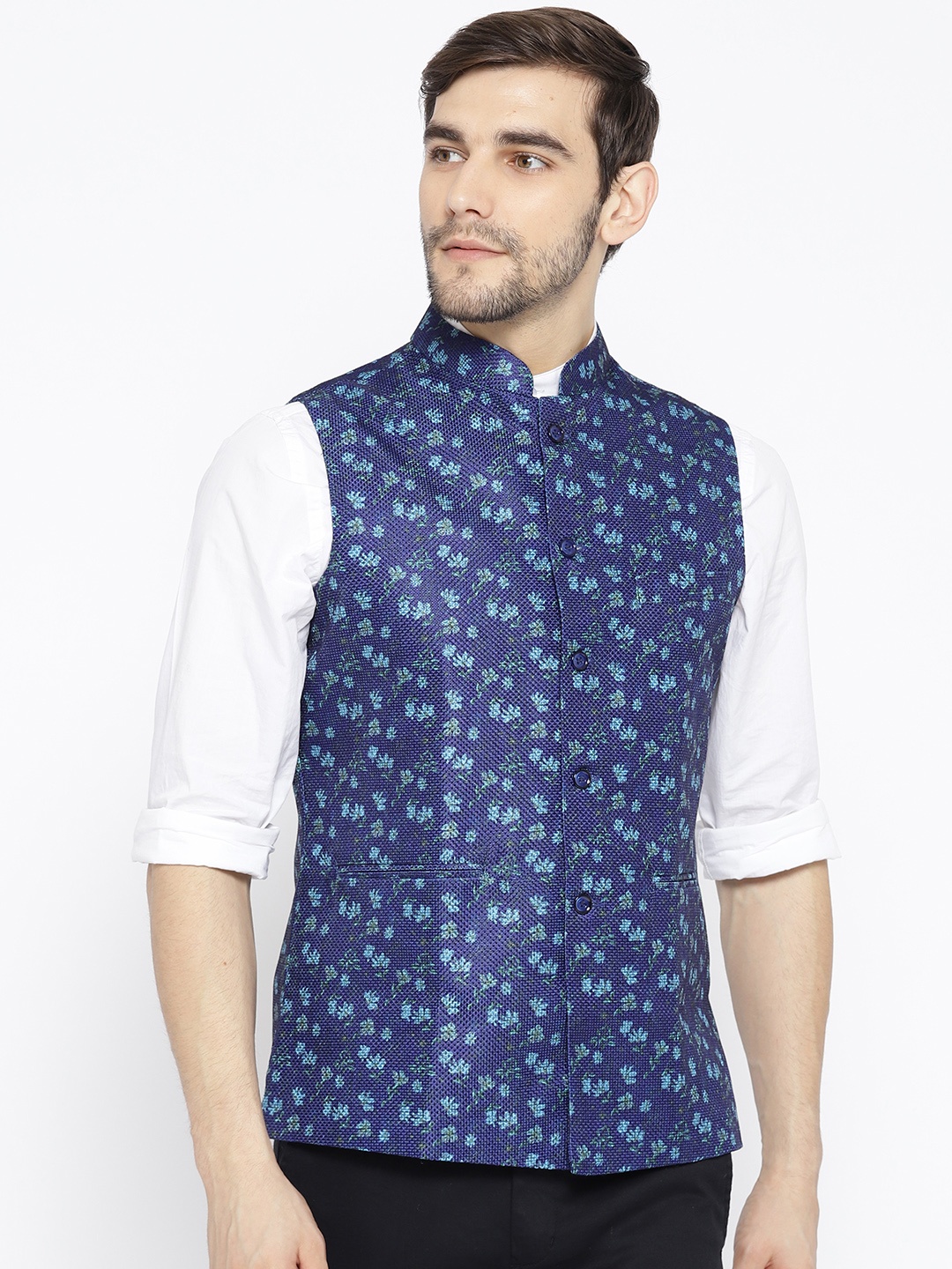 

Shaftesbury London Men Blue Floral Print Slim Fit Nehru Jacket