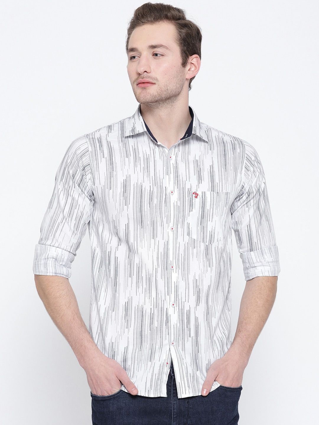 

Shaftesbury London Men White & Navy Blue Slim Fit Printed Casual Shirt